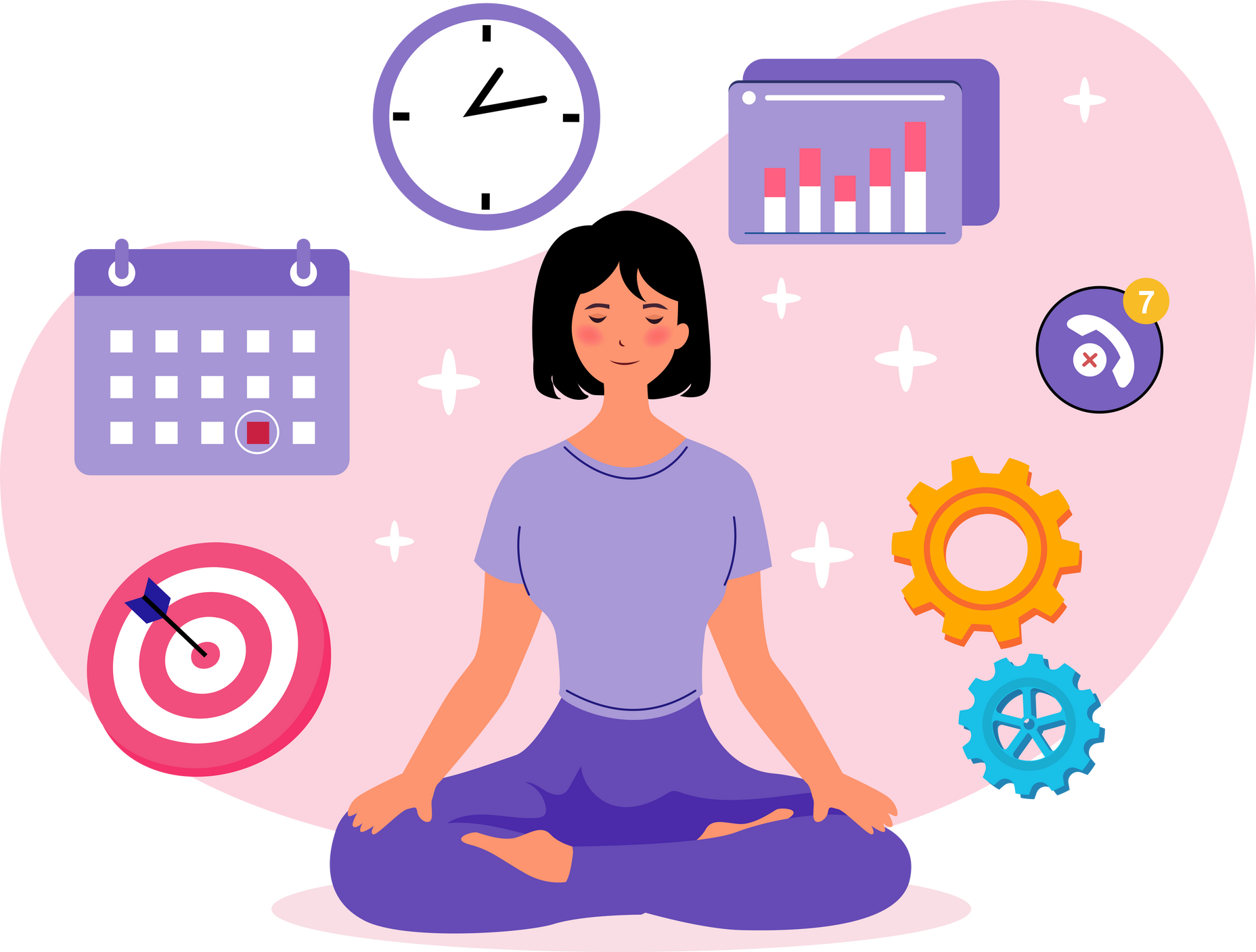 Business women practicing stress relief lotus pose, mindfulness meditation, Multitasking, time management and productivity concept.